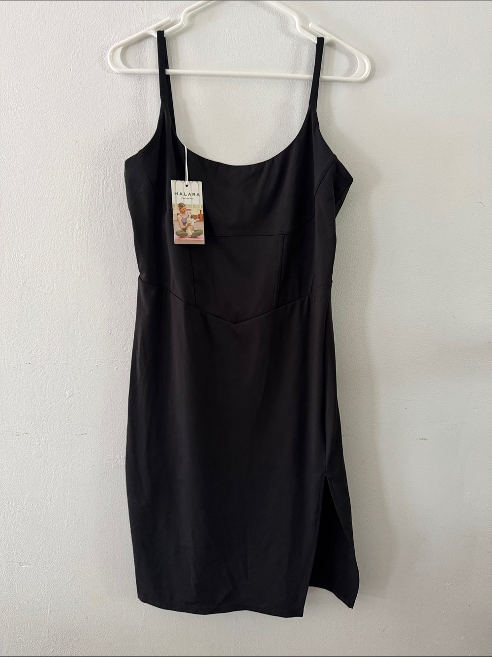 NWT HALARA Black Mini Slip Dress with Side Slit Sz L